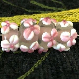 Lampwork Glass Round translucent background/pink flower beads Set-4, .75" wide